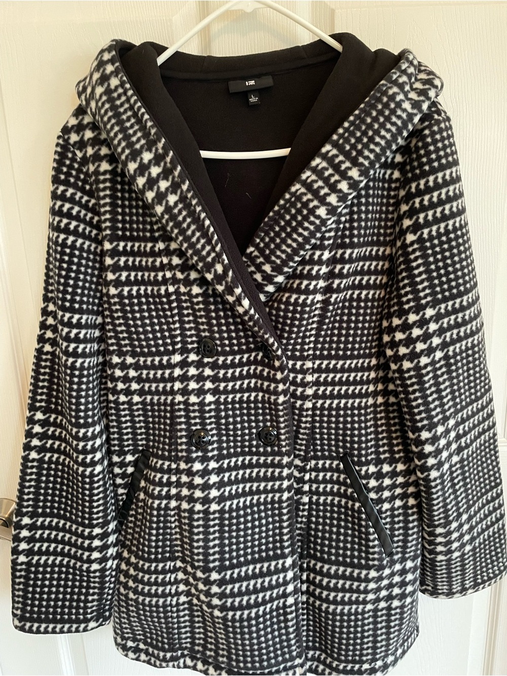 IZ Byer Black/White Houndstooth Hooded Double Breasted Rear Bow Peacoat, Sz L!🍁